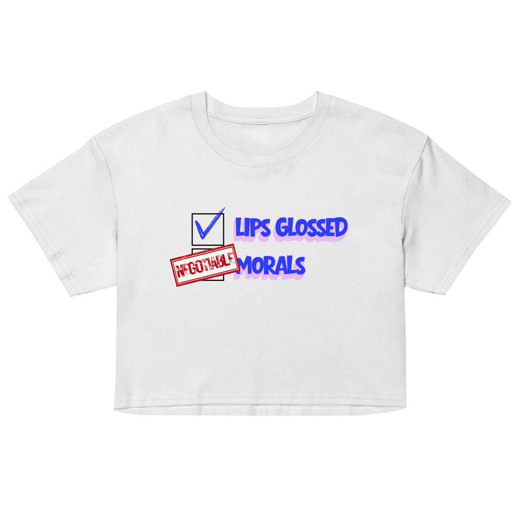 White crop top with colorful text design on a white background