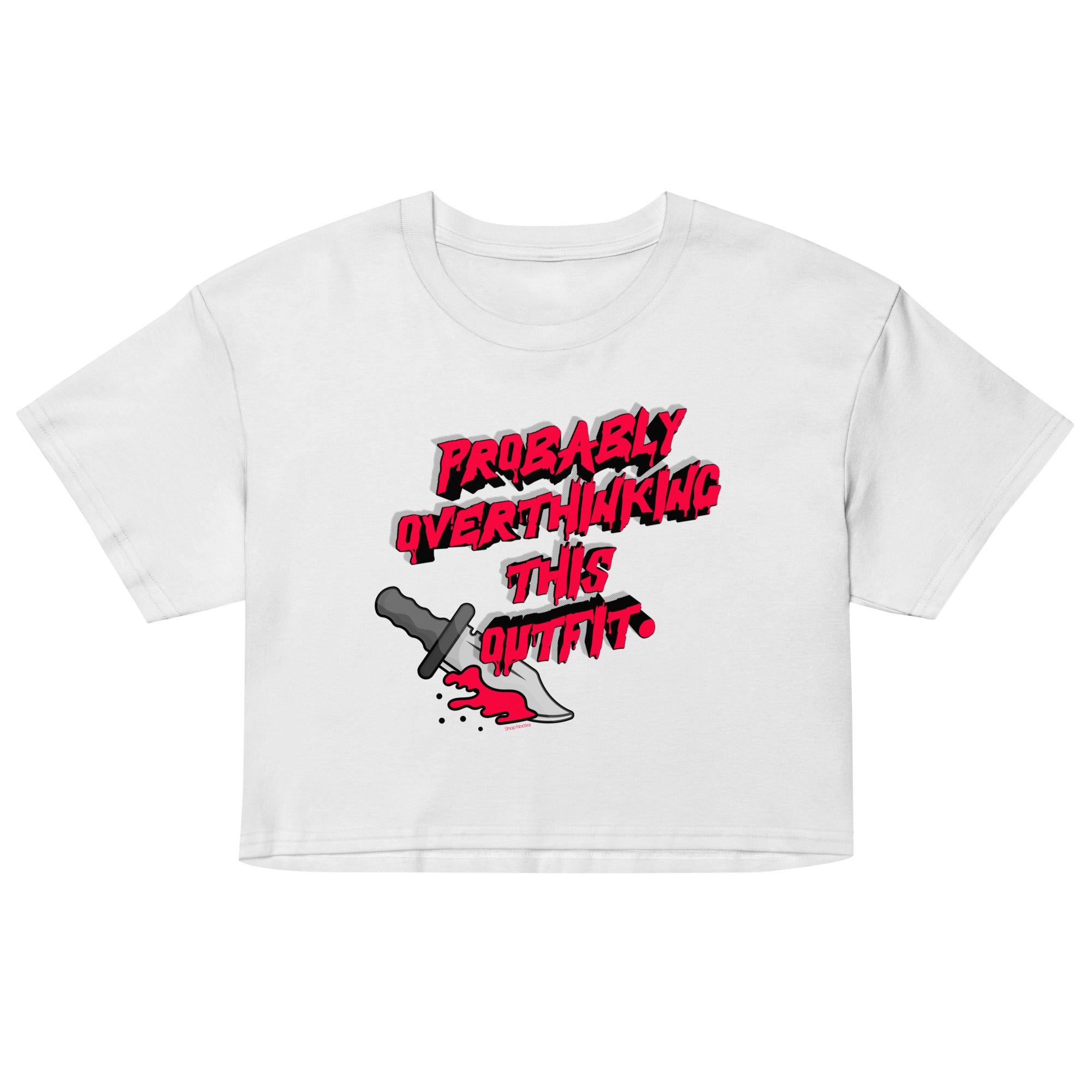 White crop top with red and black graphic design on a white background
