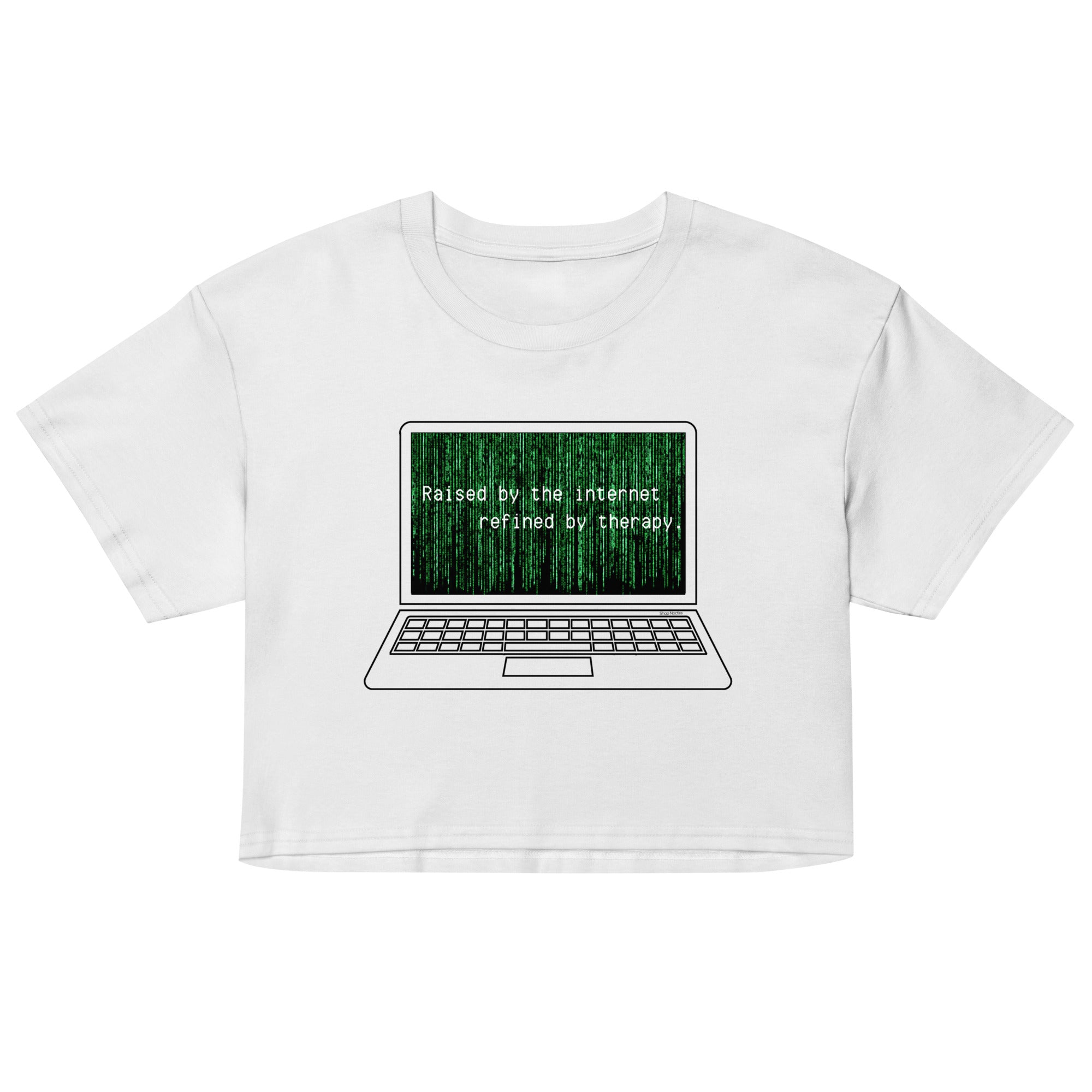 White crop top with a graphic of a laptop and text on a white background