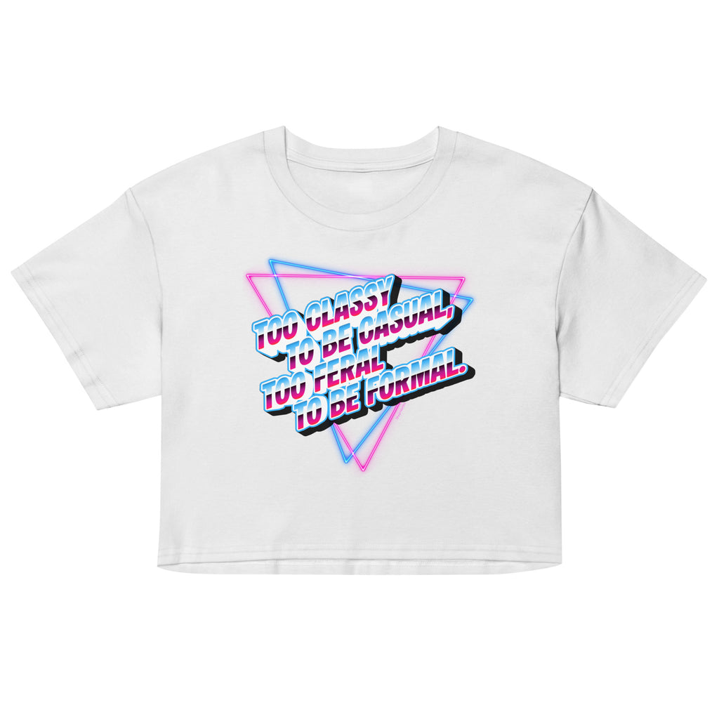 White crop top with colorful text design on a white background
