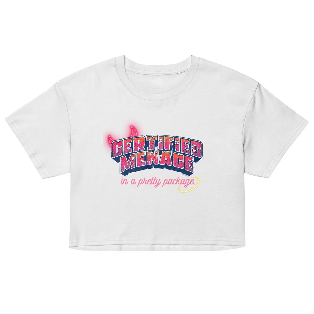 White crop top with colorful text design on a white background