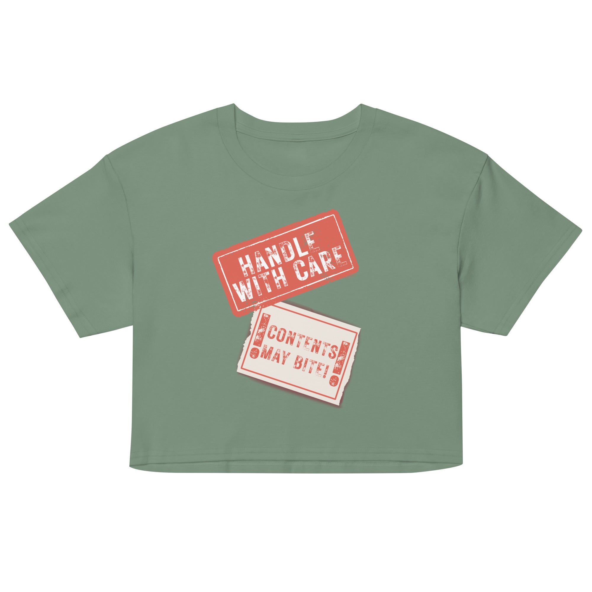 Green crop top with 'Handle with Care' and 'Contents May Vary' text on a white background