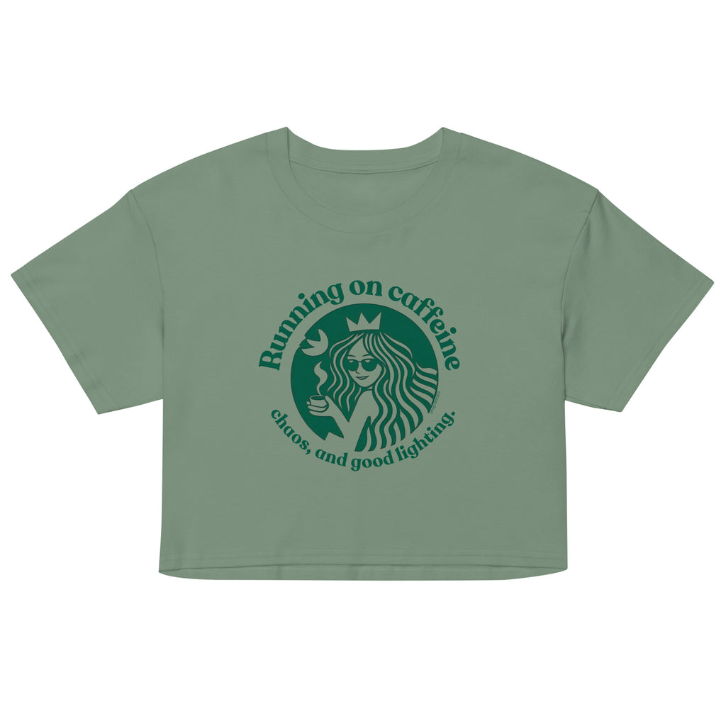 Green crop top with and text on a white background