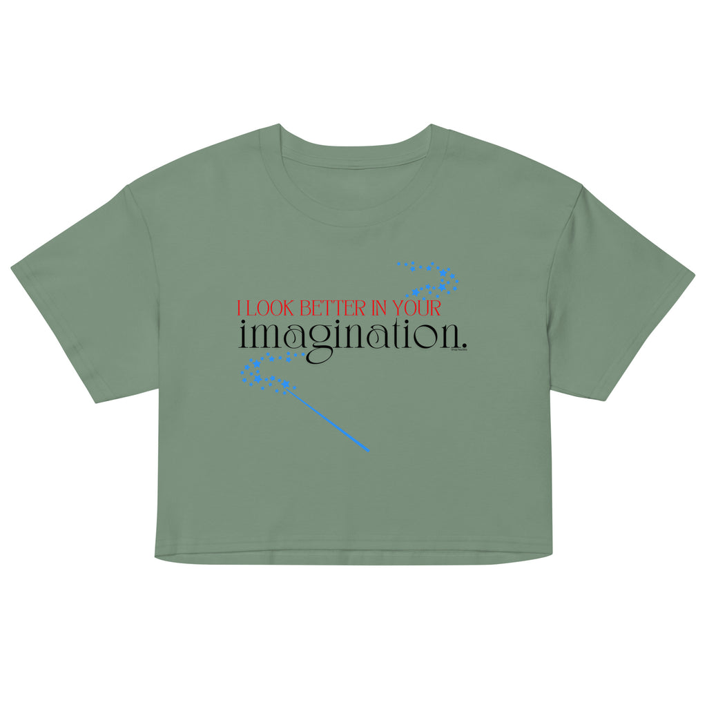 Green crop top with text and blue design on a white background