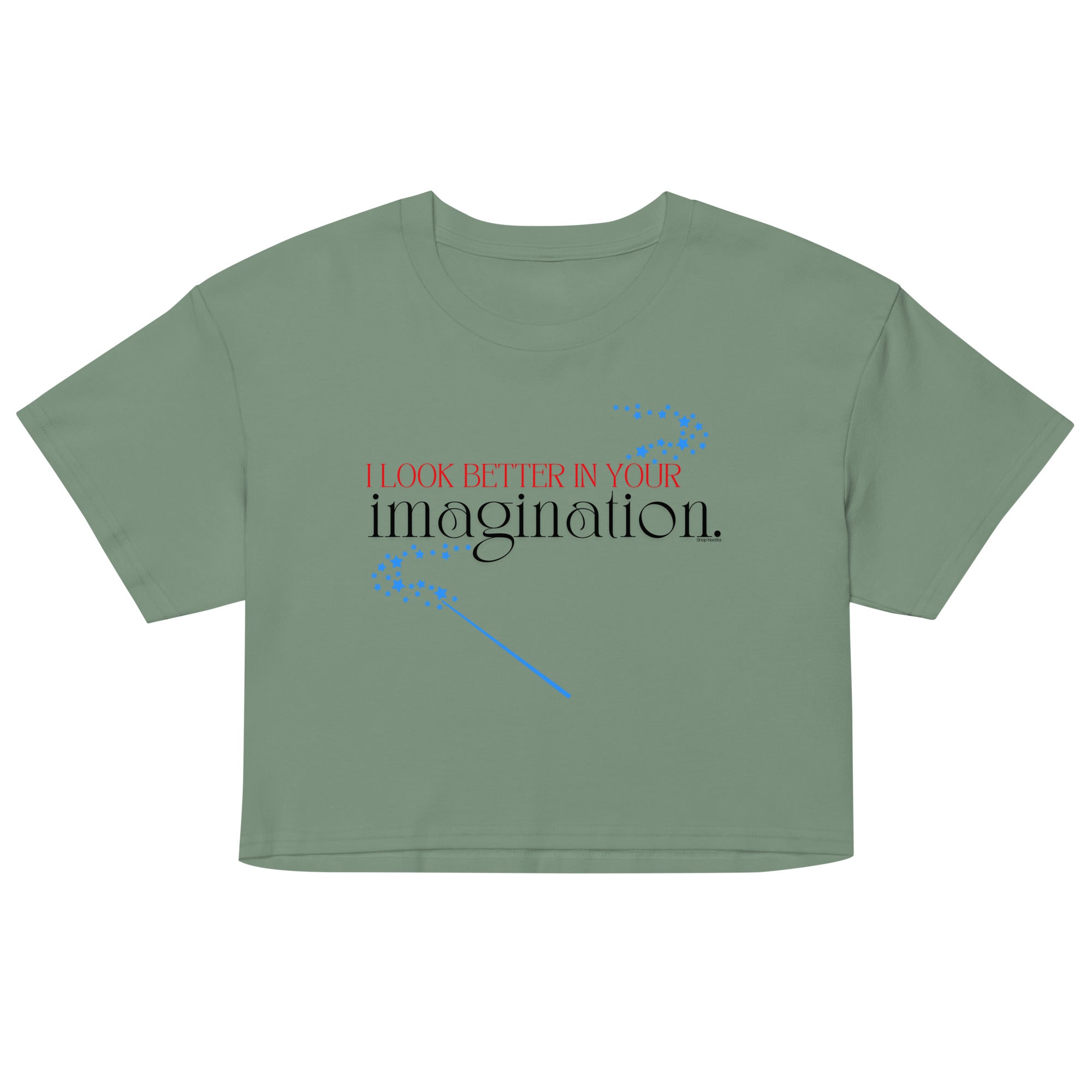 Green crop top with text and blue design on a white background
