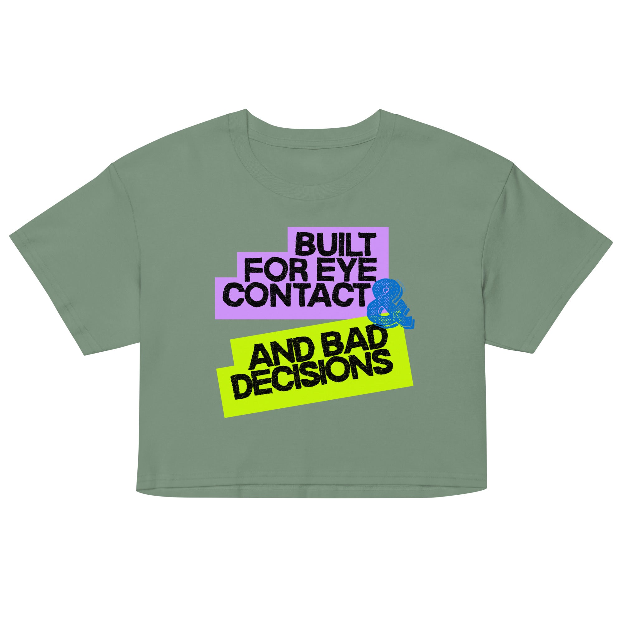 Green crop top with colorful text and graphic on a white background