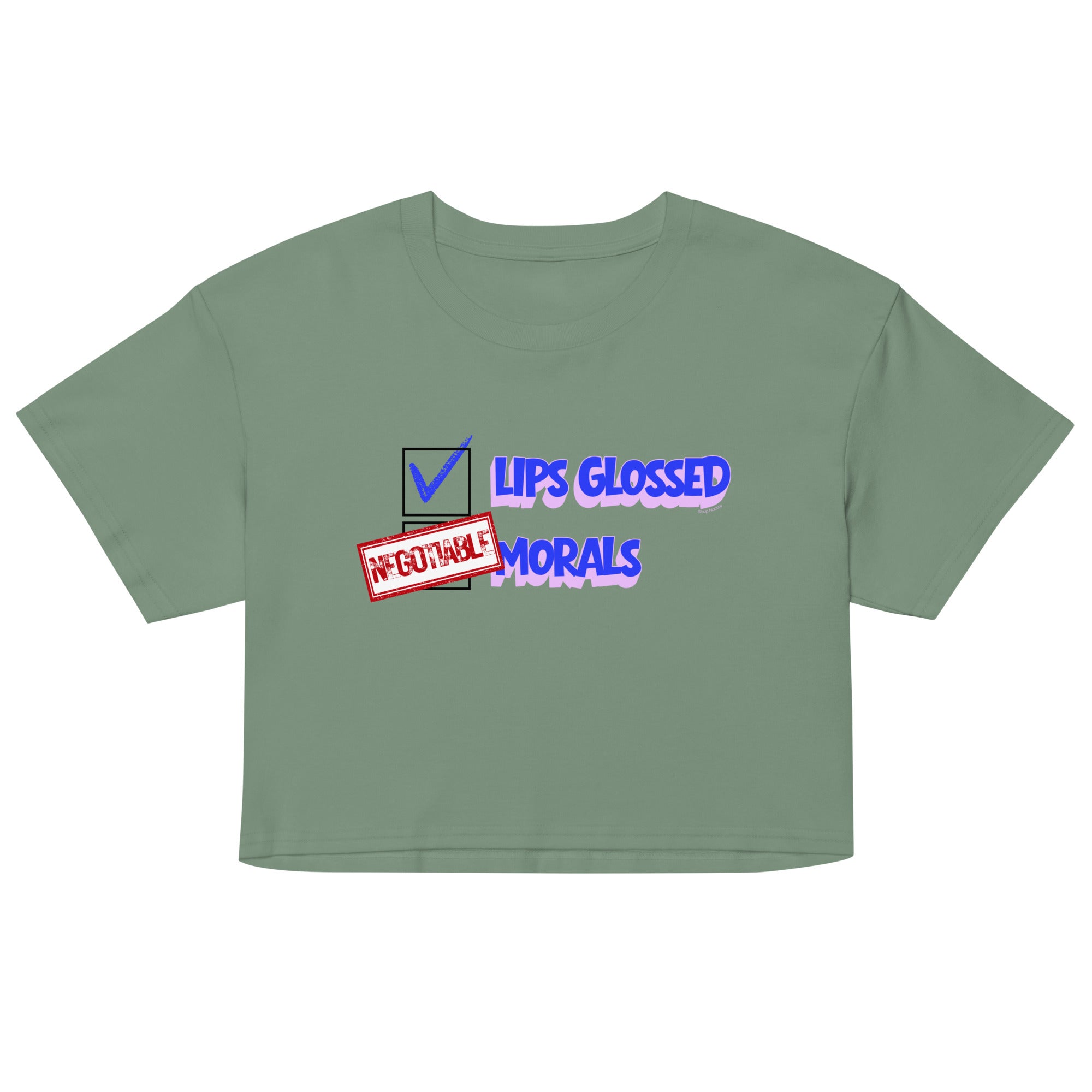 Green crop top with graphic text design on a white background