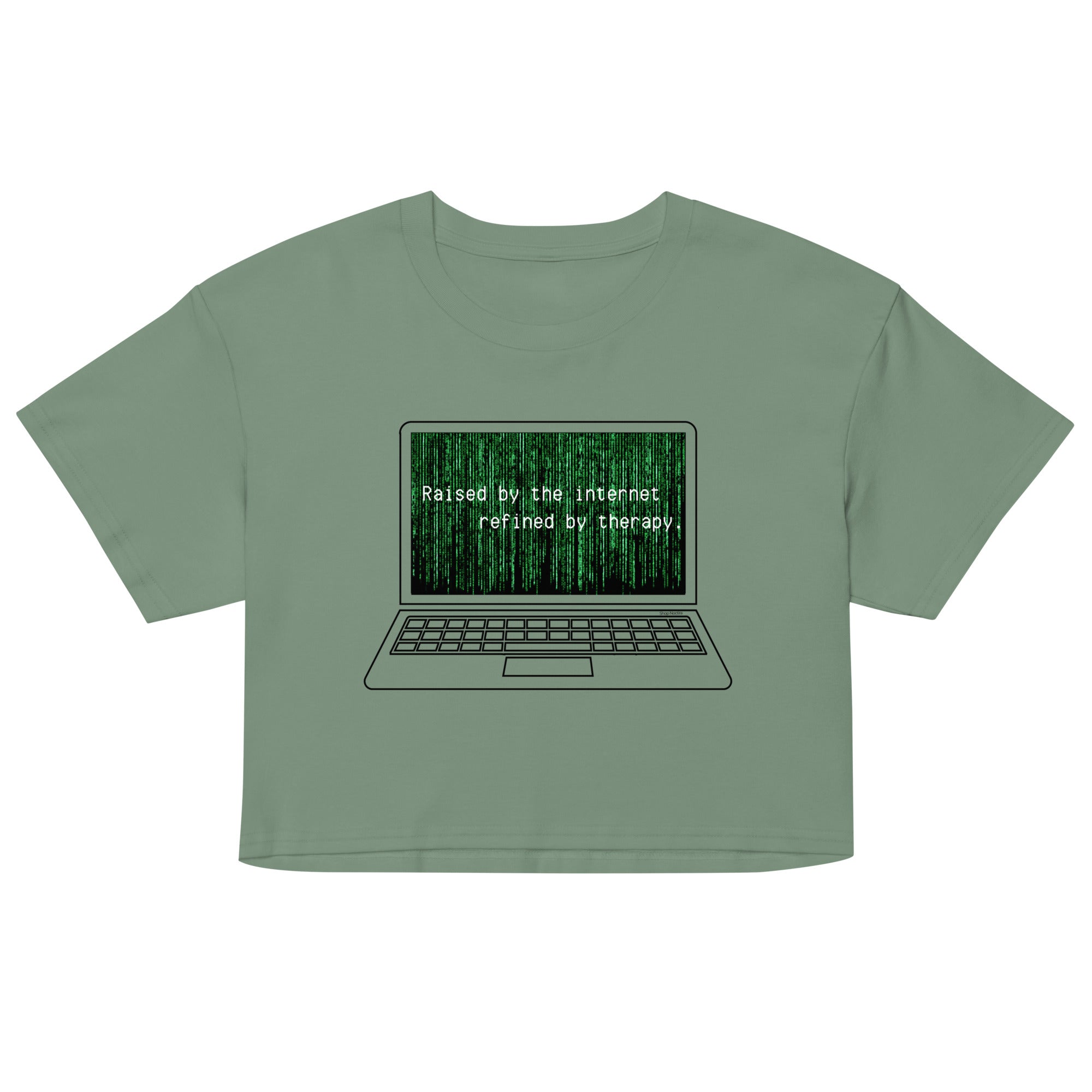 Green crop top with laptop graphic and text on a white background
