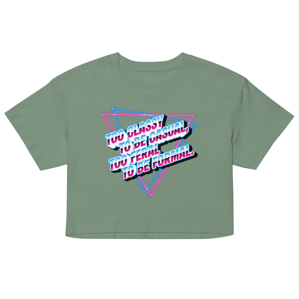 Green crop top with colorful text design on a white background