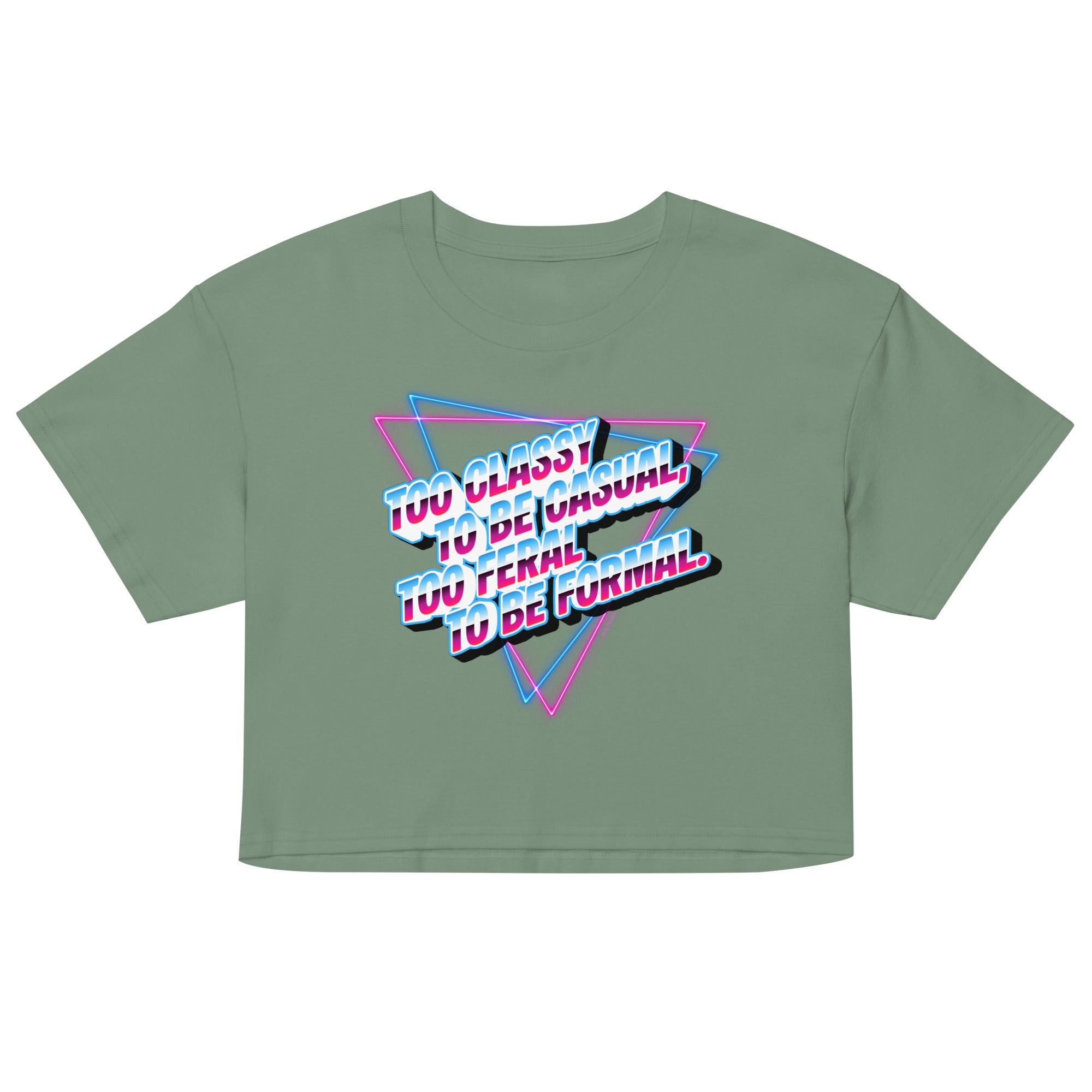 Green crop top with colorful text design on a white background