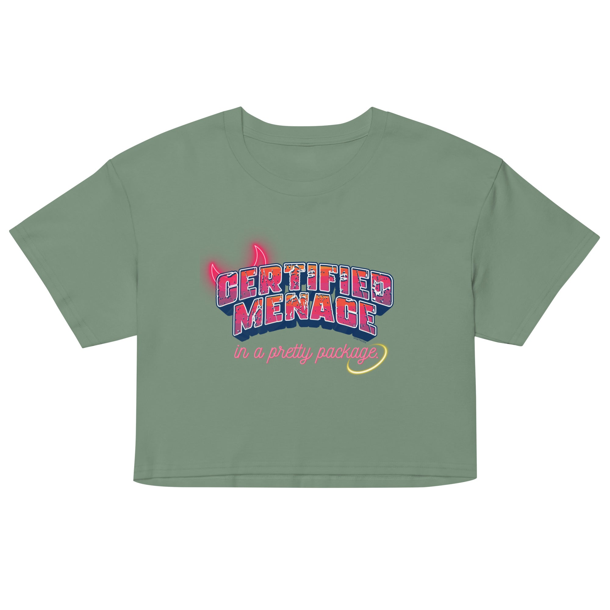 Green crop top with colorful graphic text on a white background