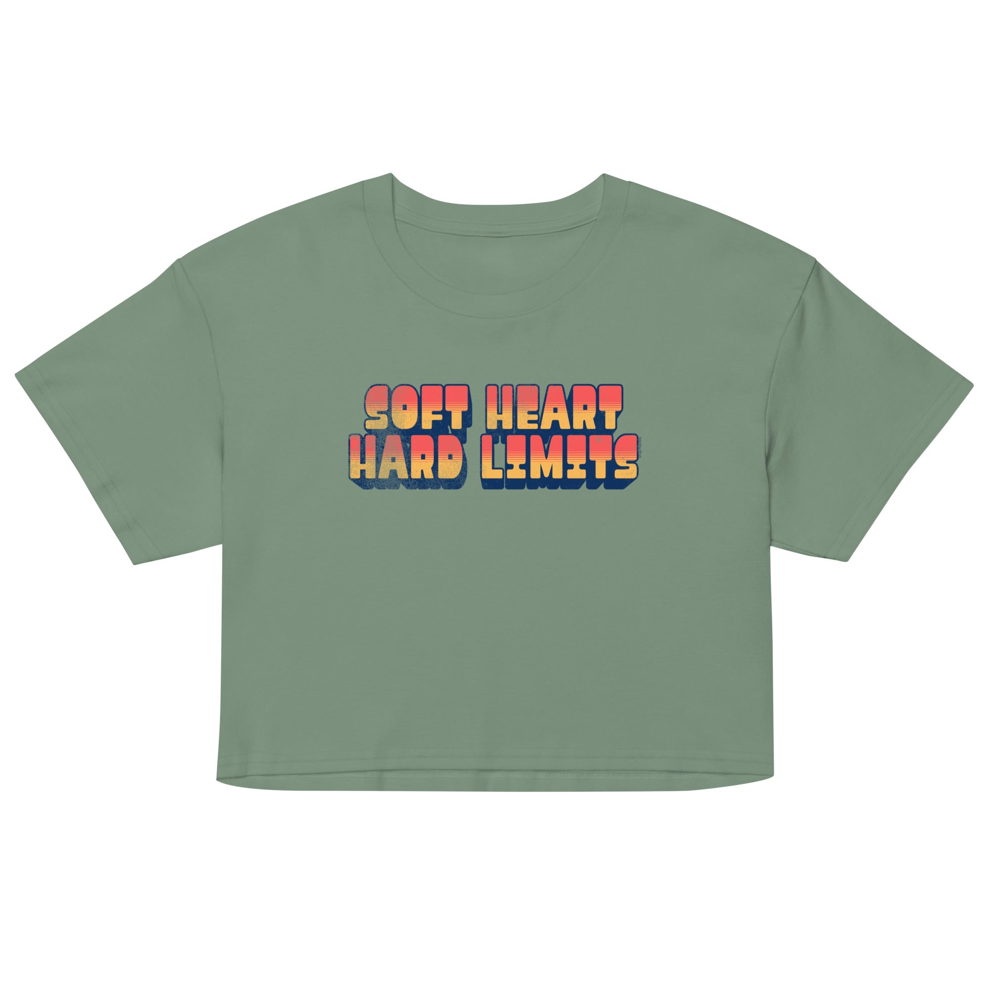 Green crop top with 'Soft Heart Hard Limits' text on a white background