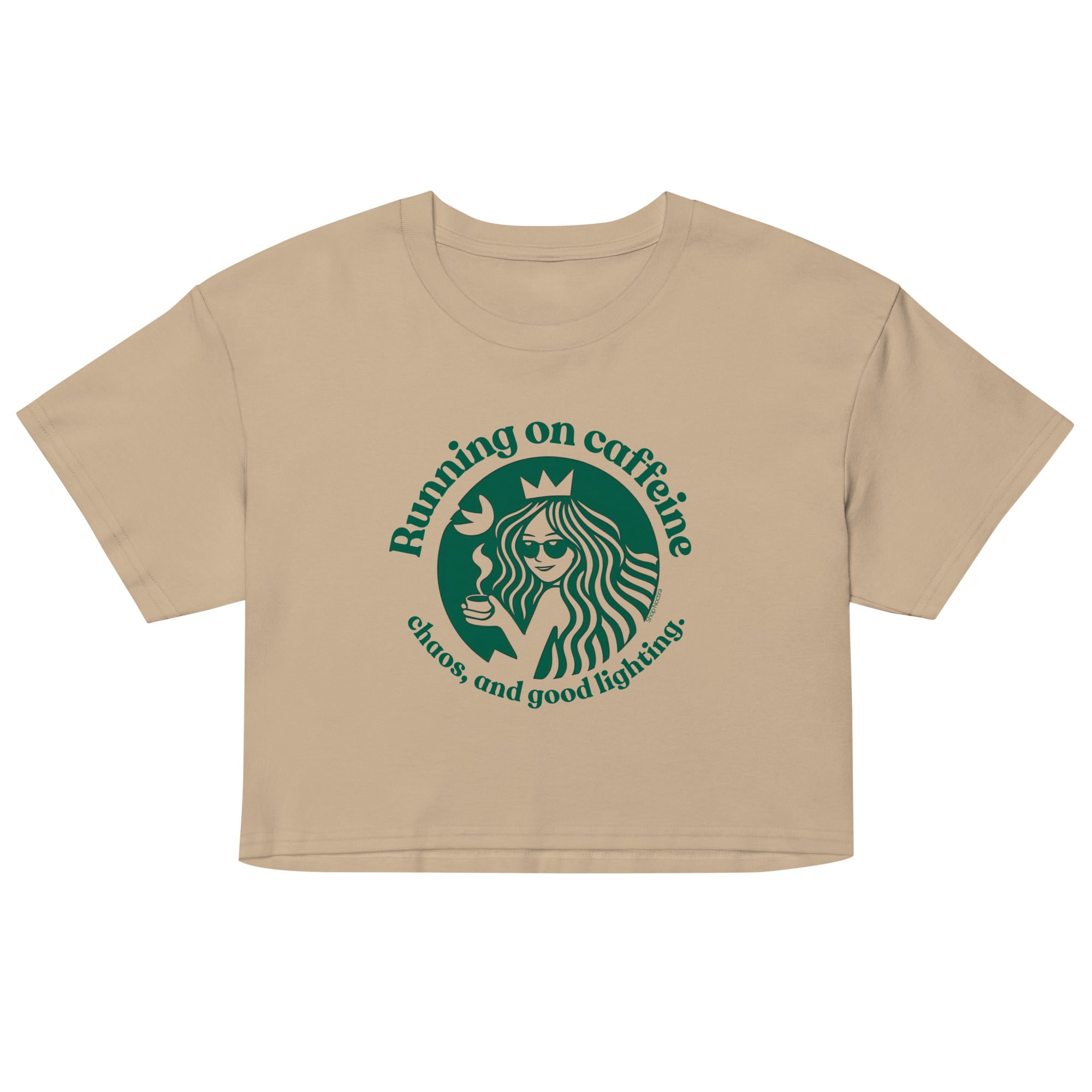 Beige crop top with green graphic and text on a white background