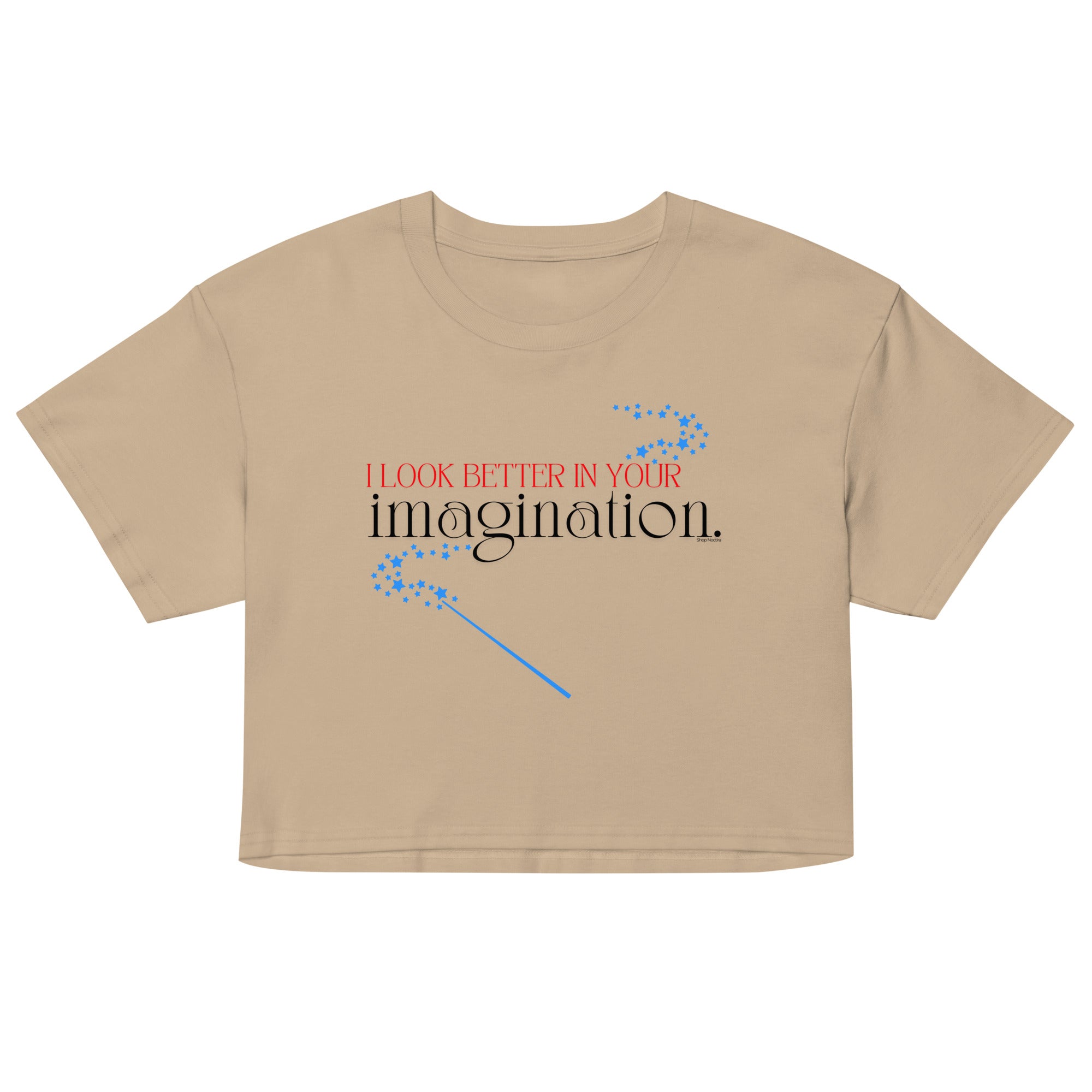 Beige crop top with text and blue design on a white background