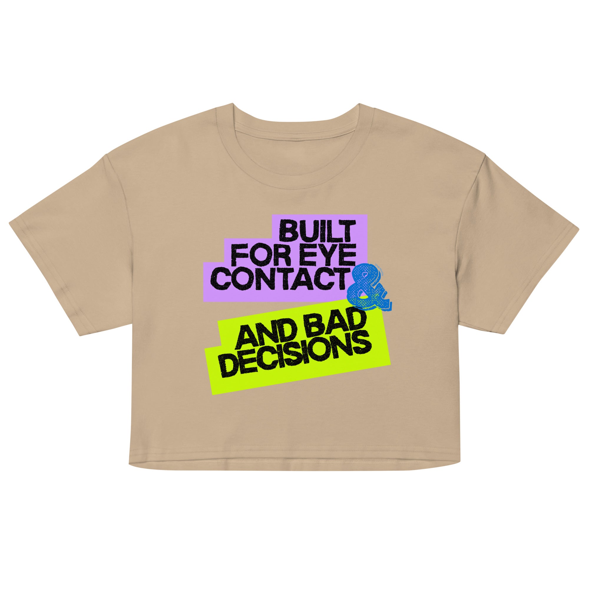 Beige crop top with colorful text design on a white background
