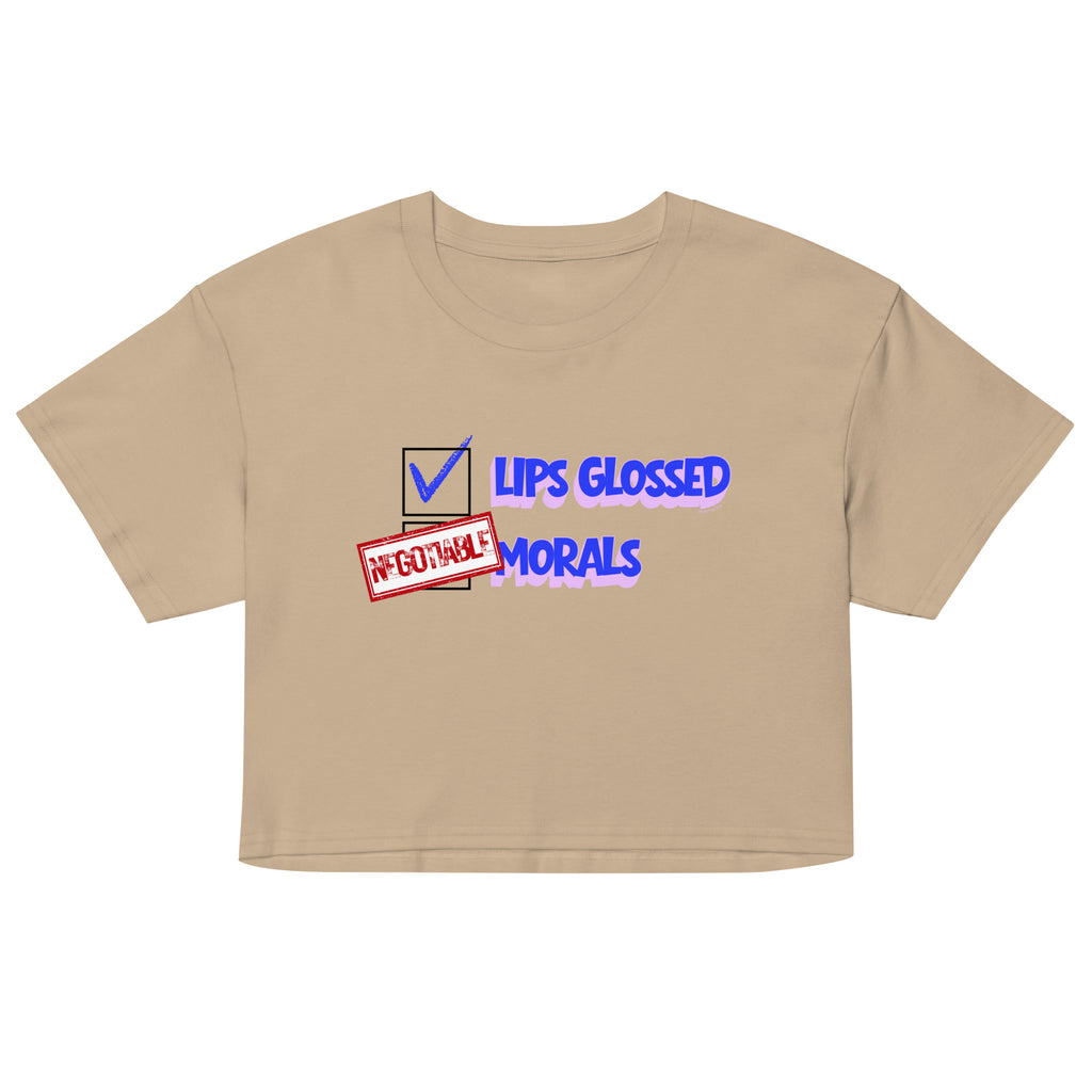 Beige crop top with graphic text design on a white background