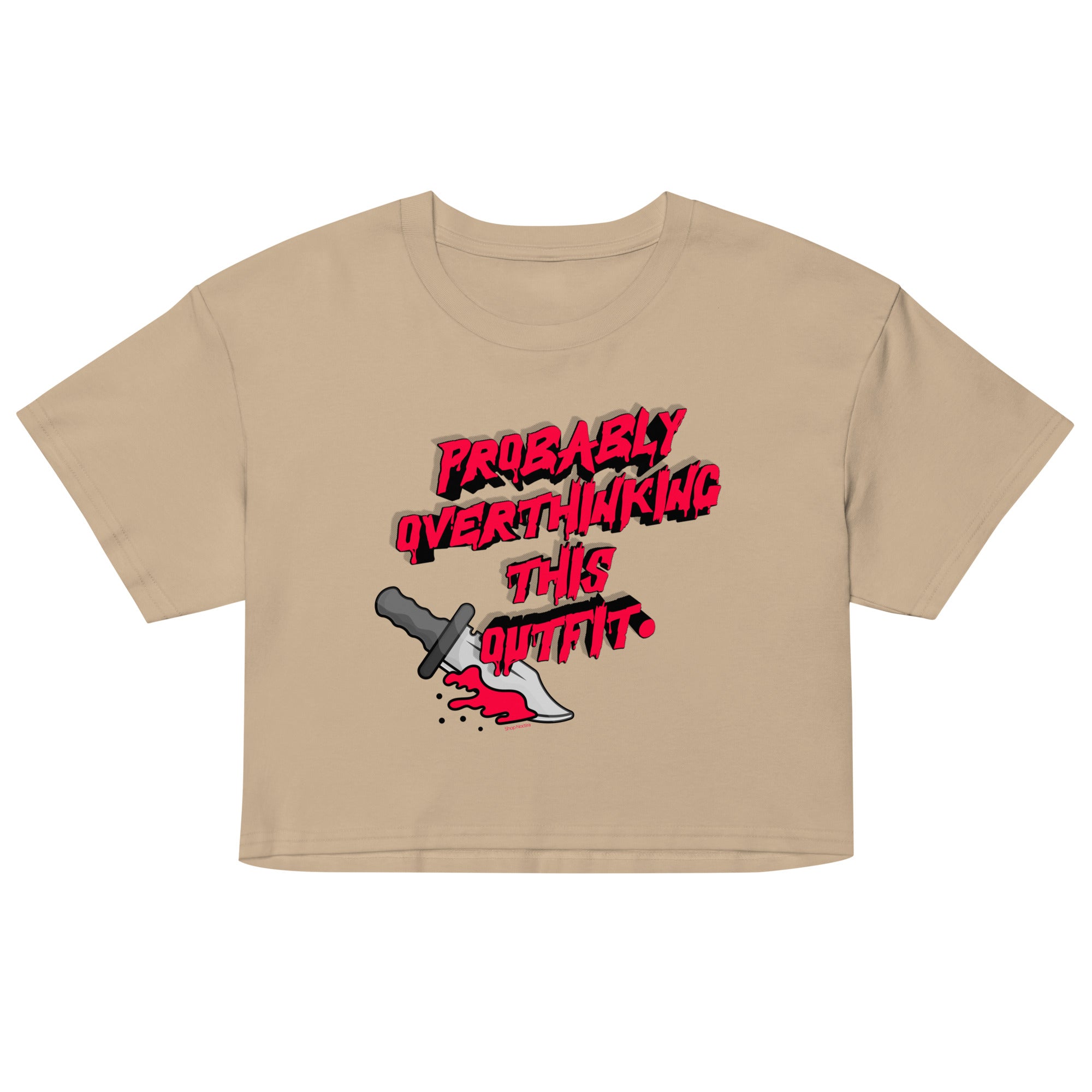 Beige crop top with graphic design and text on a white background