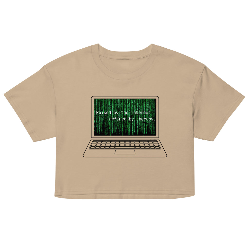 Beige crop top with laptop graphic and text on a white background
