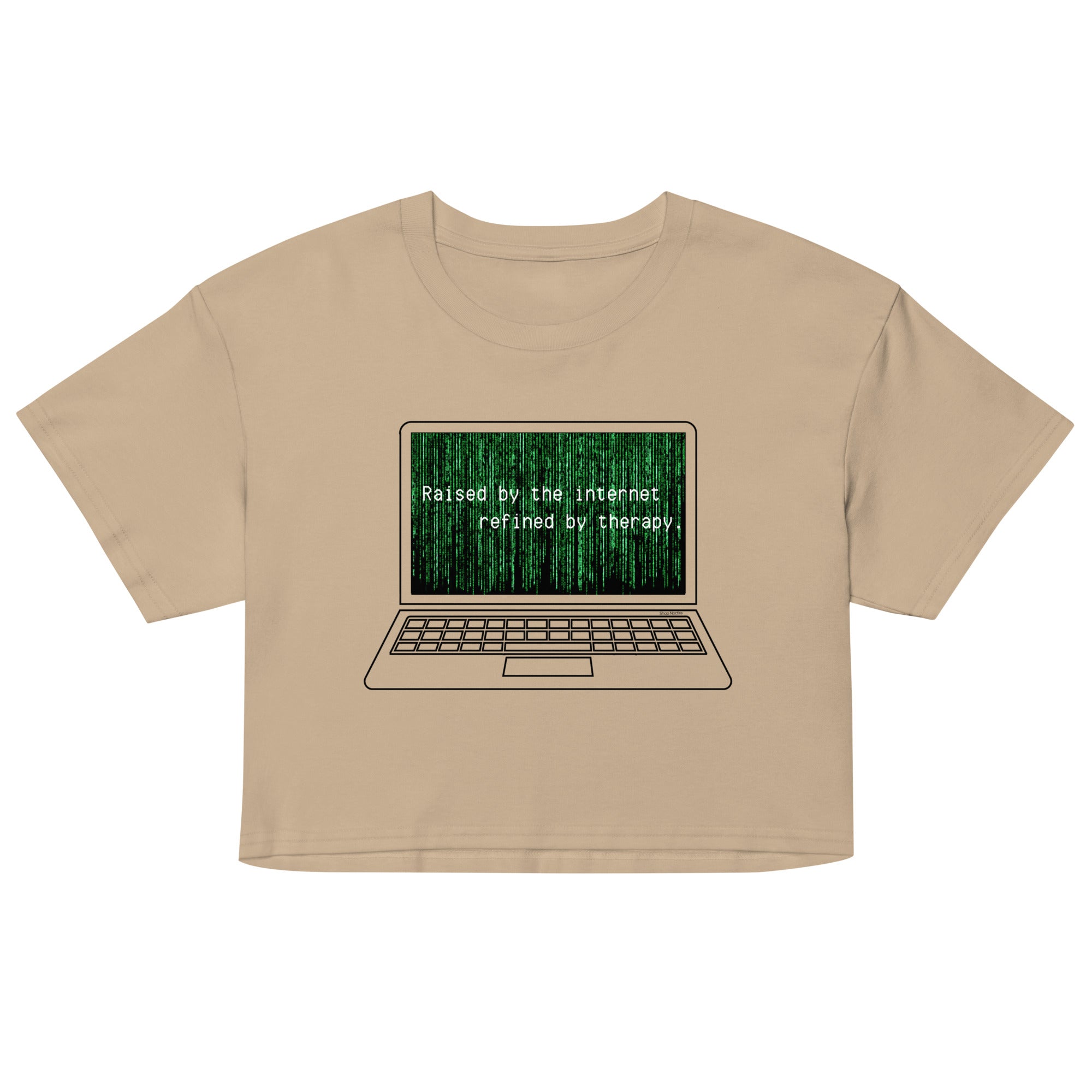 Beige crop top with laptop graphic and text on a white background