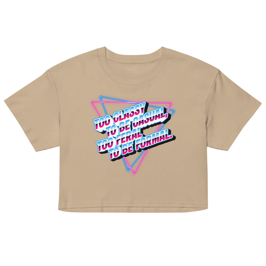 Beige crop top with colorful text design on a white background