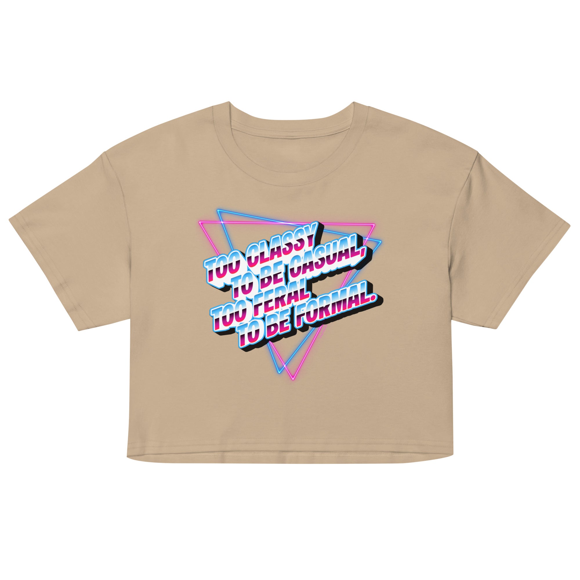 Beige crop top with colorful text design on a white background
