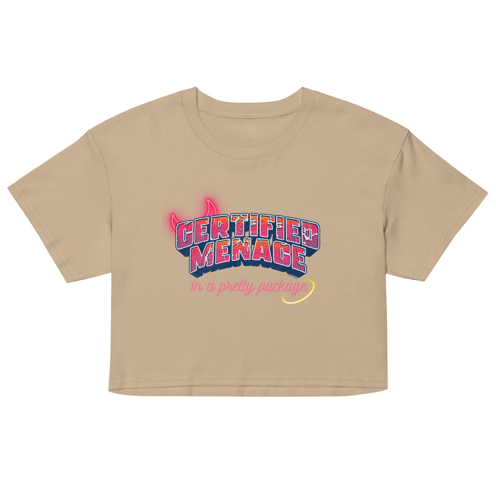 Beige crop top with colorful graphic text on a white background