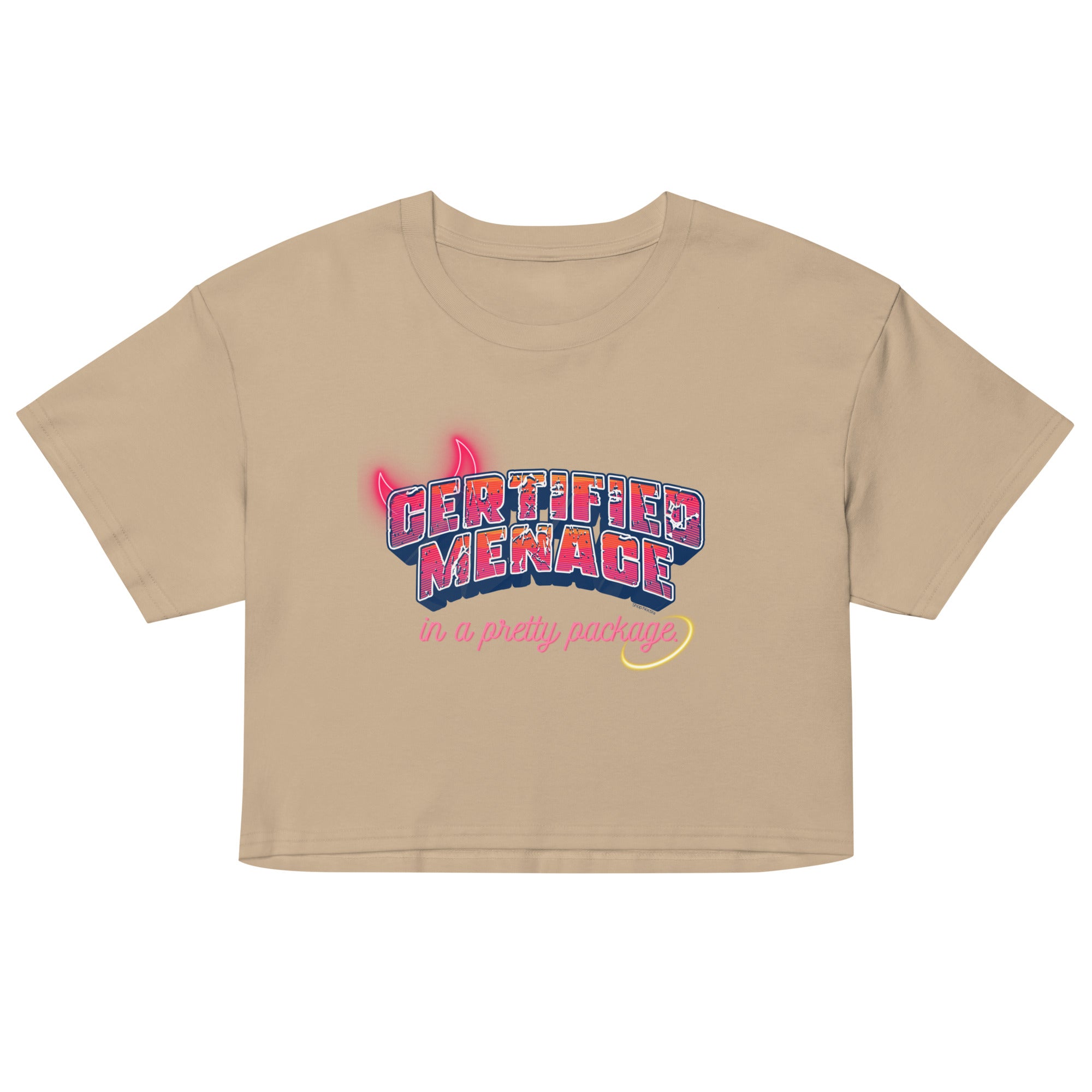 Beige crop top with colorful graphic text on a white background