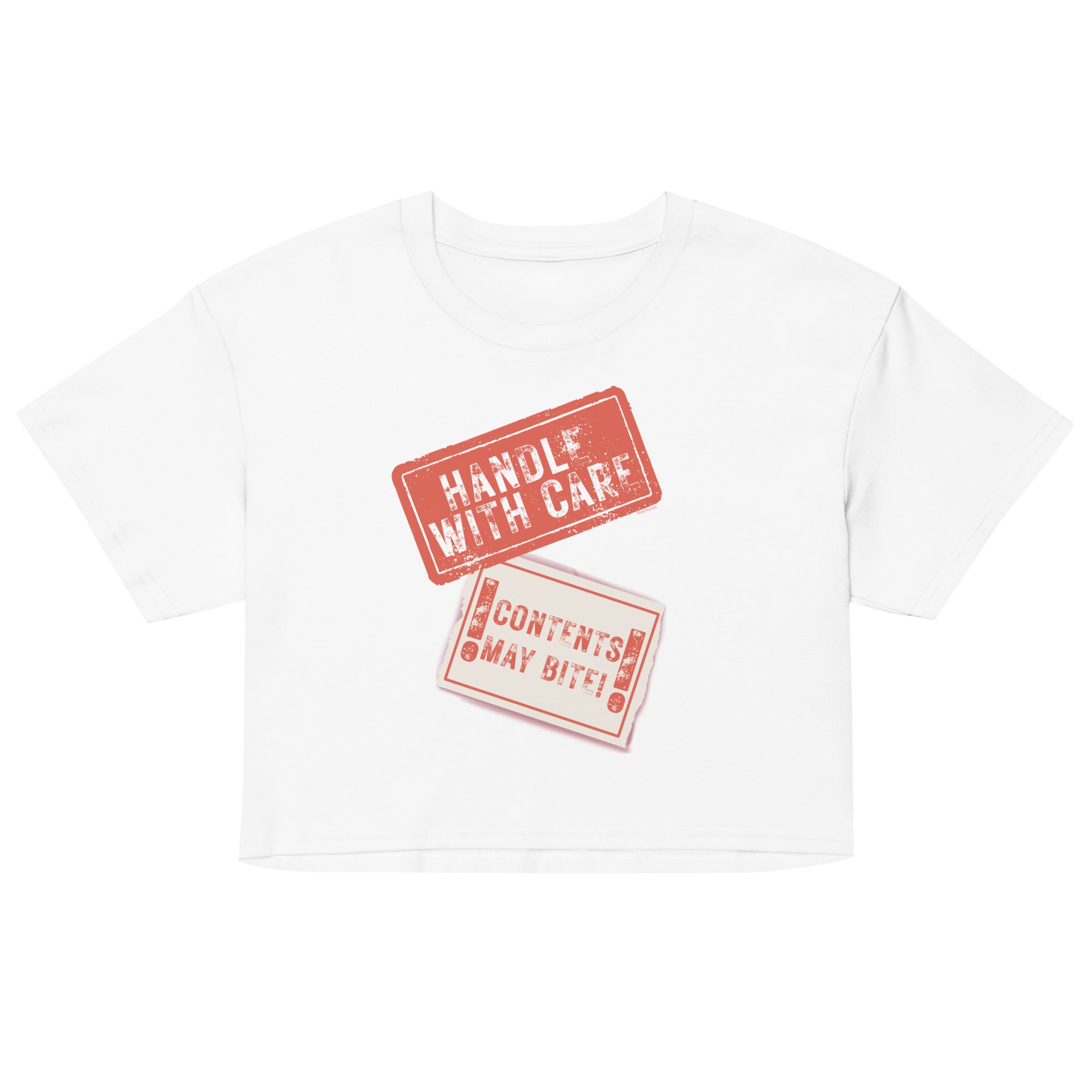 White t-shirt with red 'Handle with Care' and 'Contents May Bite' stamps on a white background