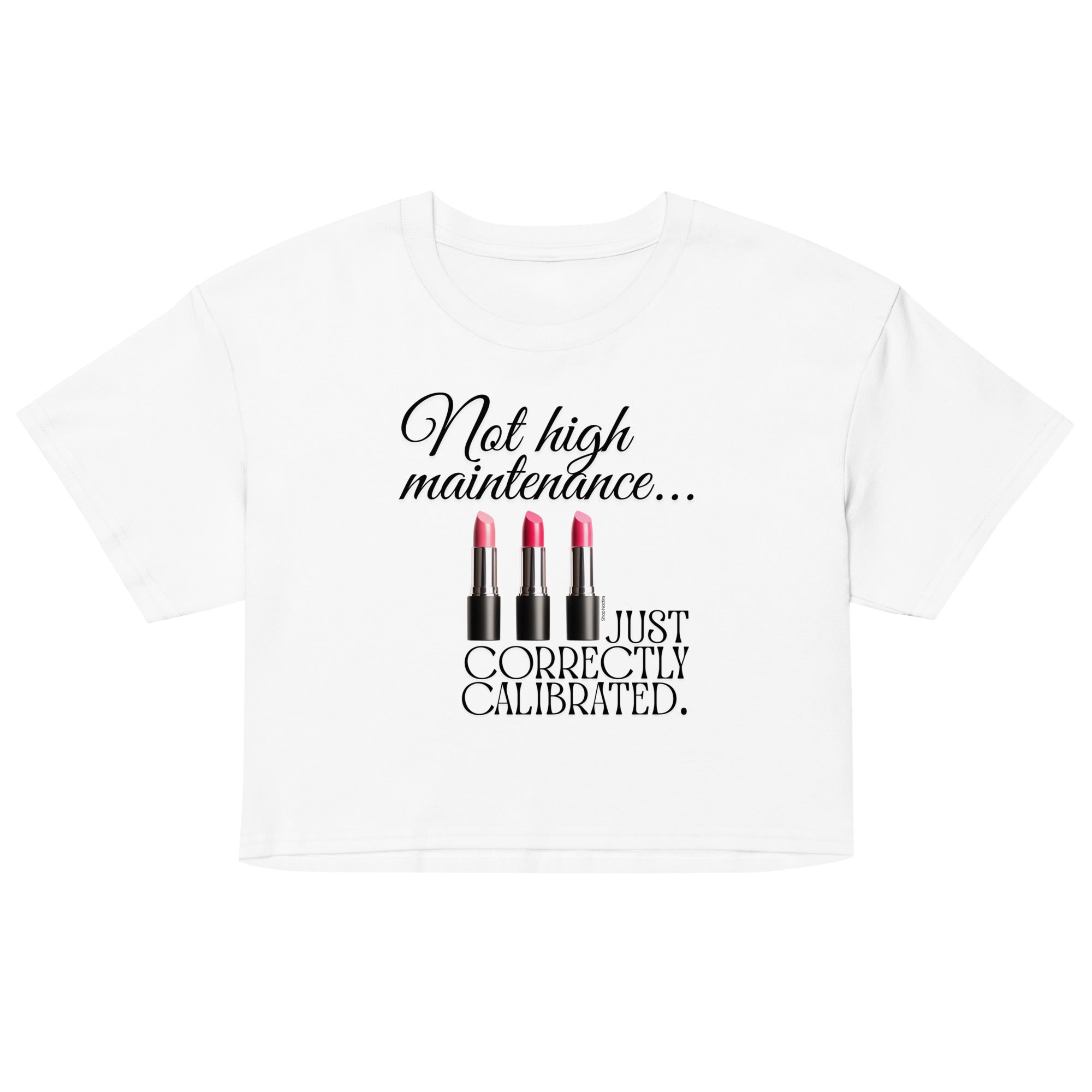 White t-shirt with black text and lipstick graphics on a white background