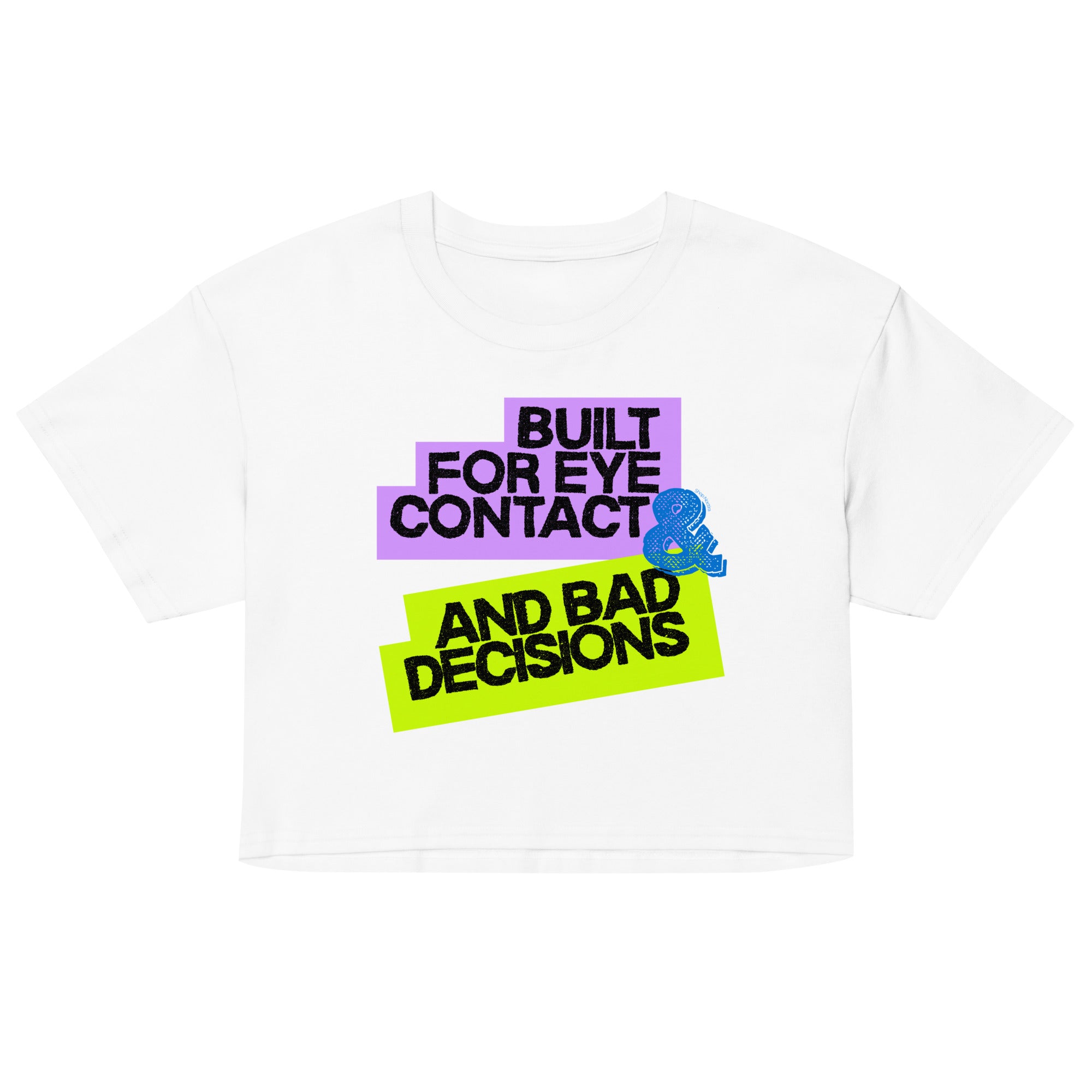 White t-shirt with colorful text design on a white background