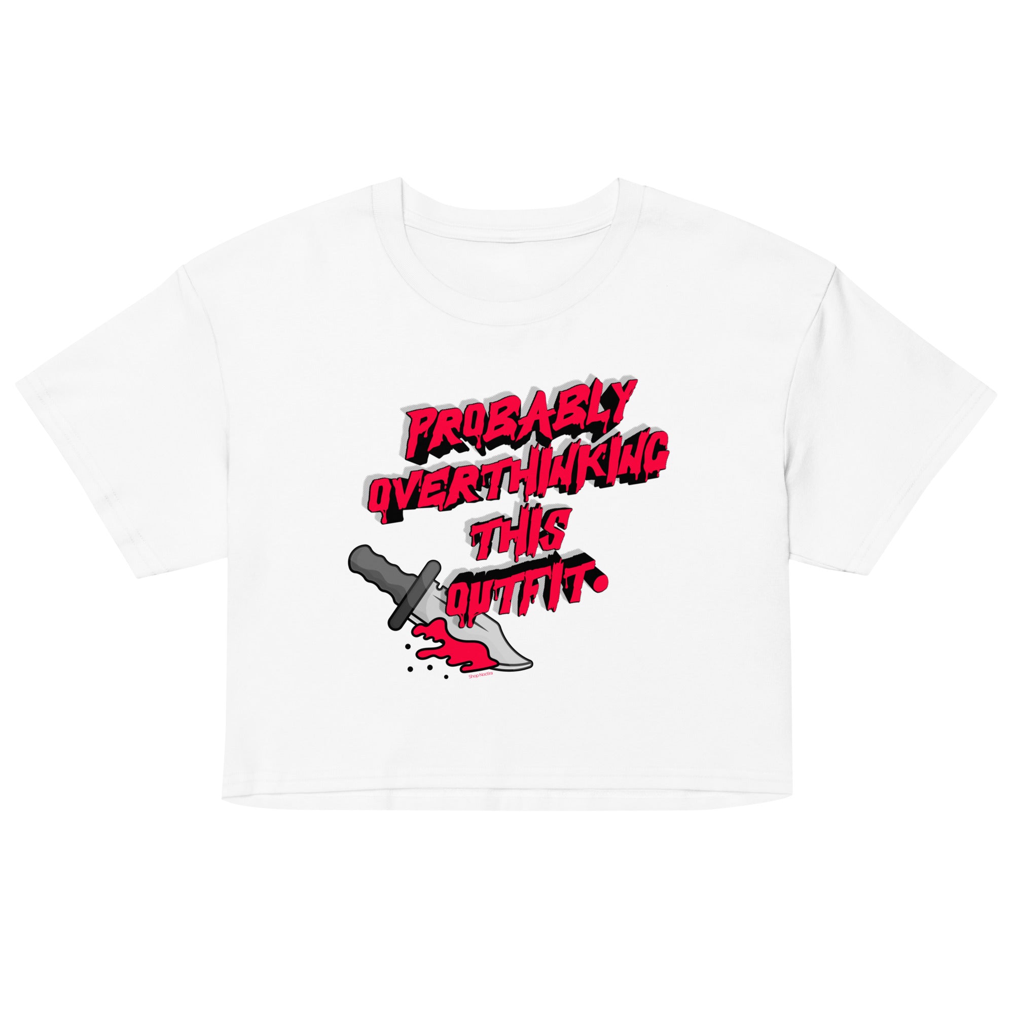 White t-shirt with red and black graphic design on a white background