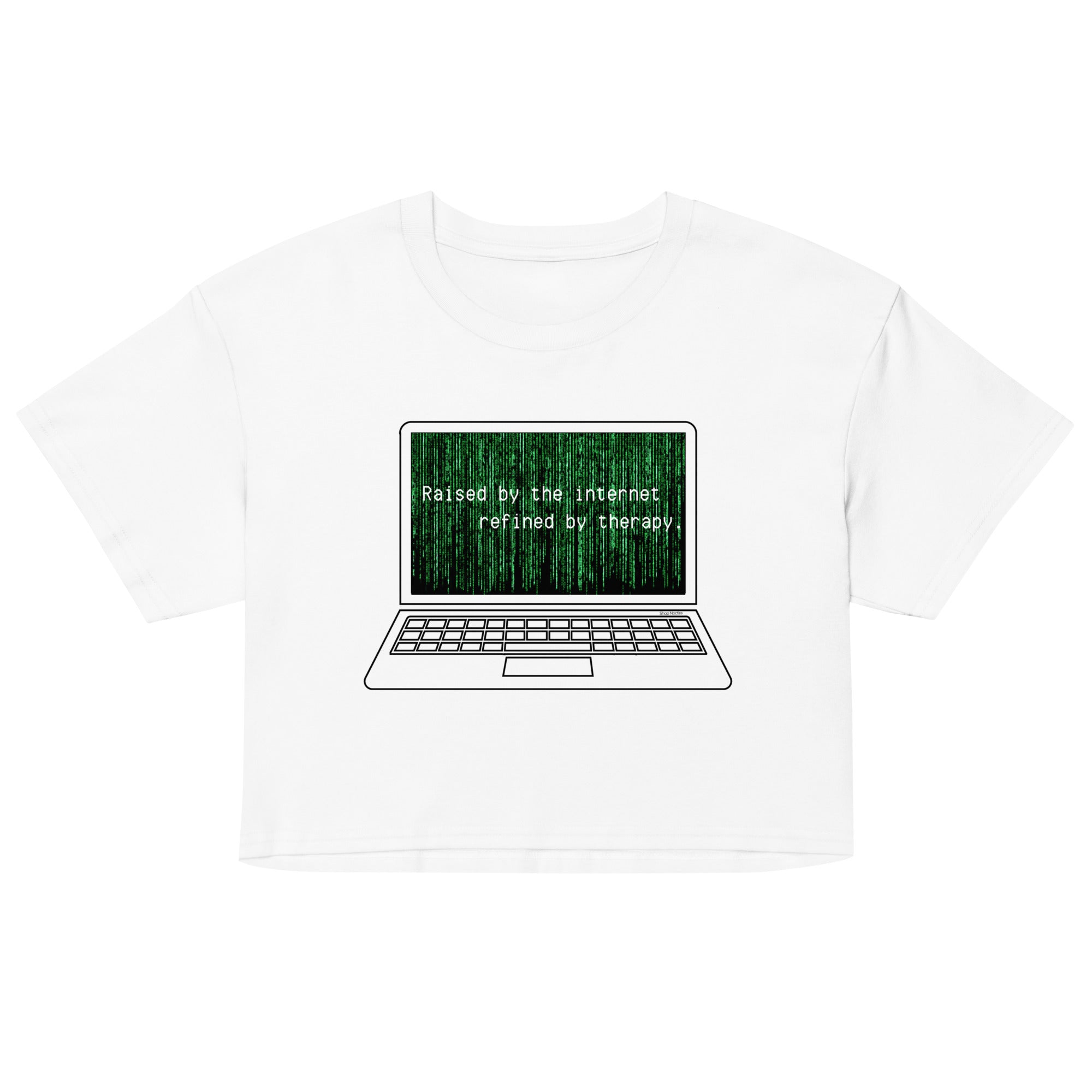 White t-shirt with a graphic of a laptop displaying text and a Matrix-style code on a white background