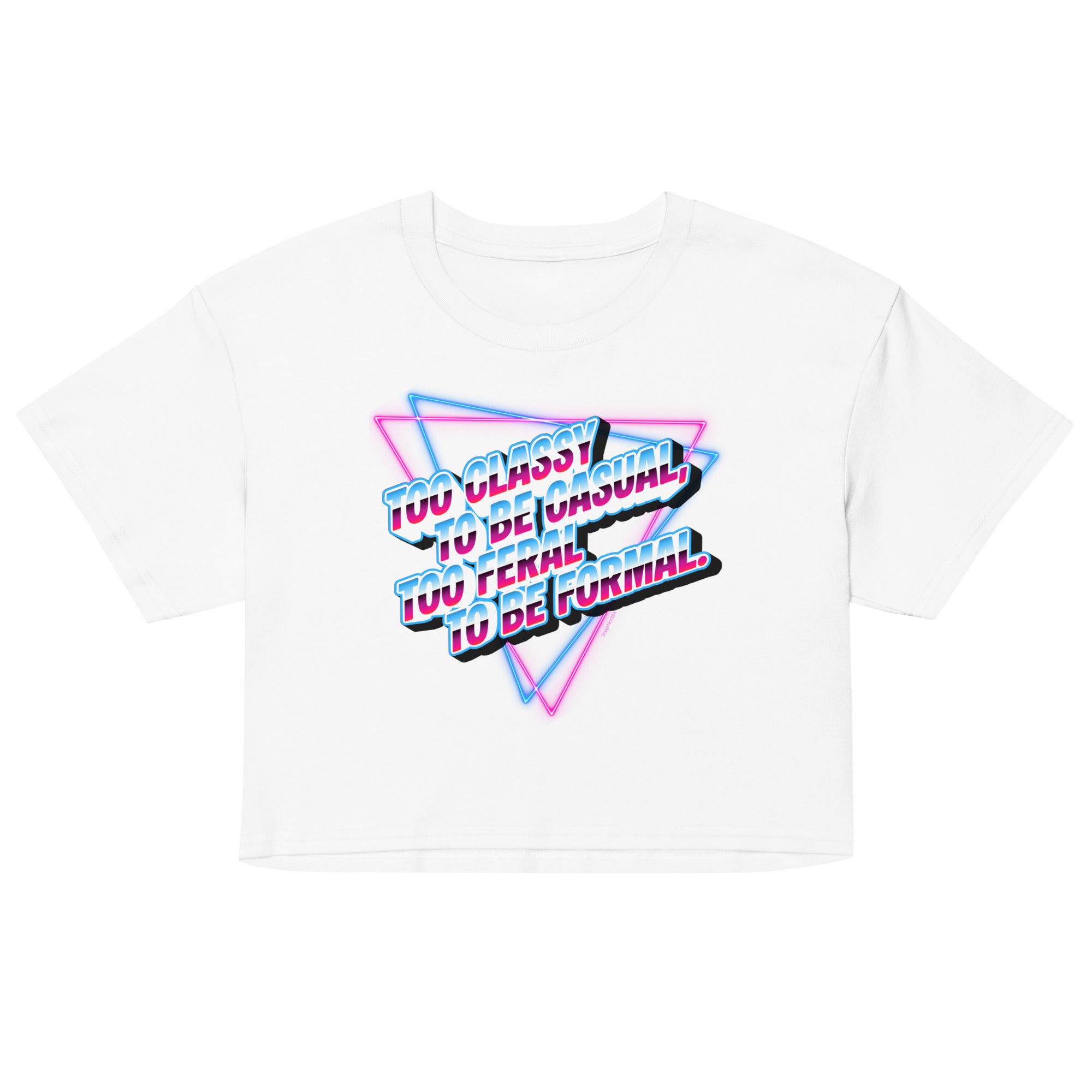 White t-shirt with colorful geometric design and text on a white background