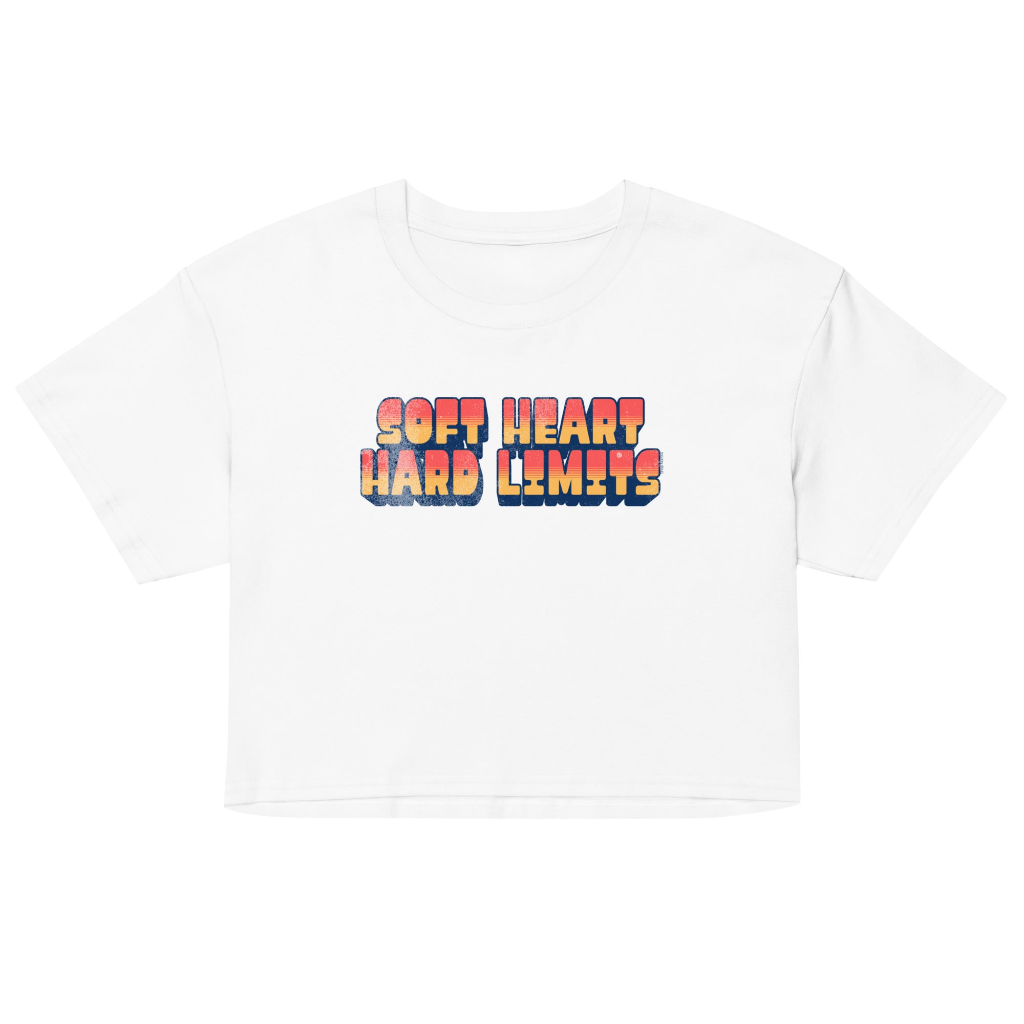 White t-shirt with colorful text 'SOFT HEART HARD LIMITS' on a white background